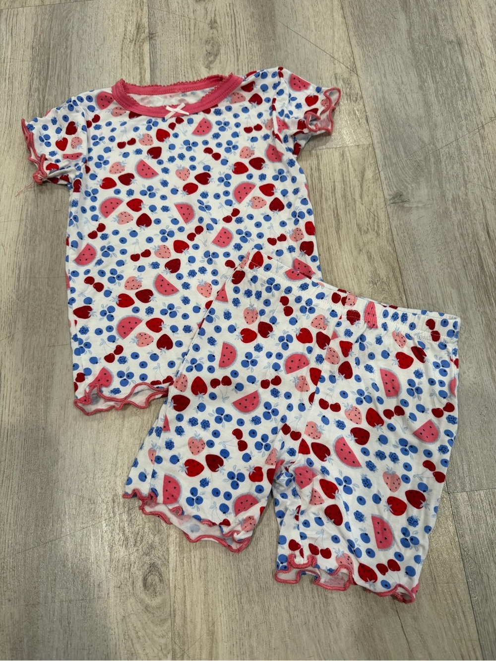 Girls' White Fruit-Print Short Pajama Set with Pink Trim
